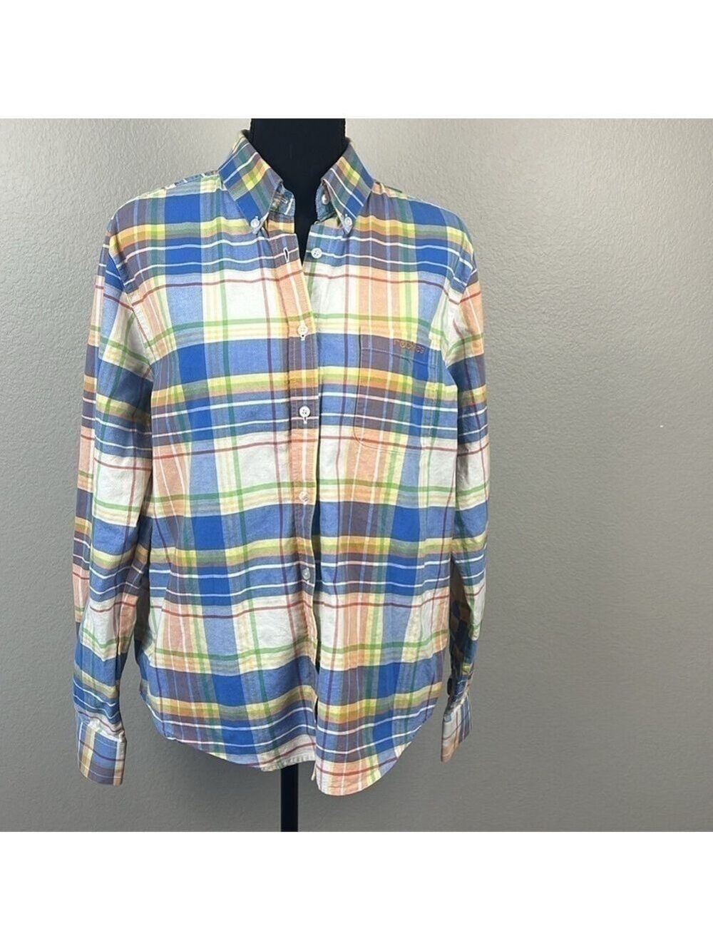 Rockies Cotton Shirt Button-Down Yellow/Blue Plaid Long Sleeve Rounded Hem Top
